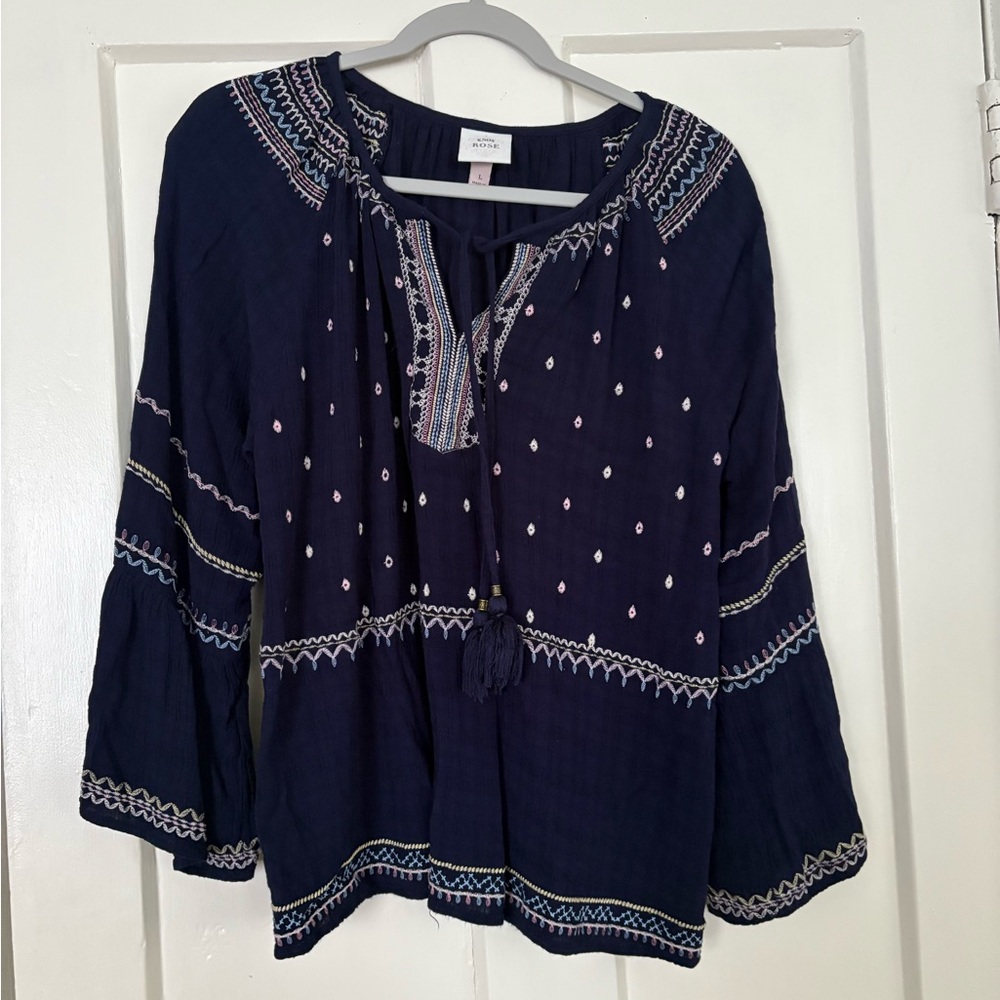 Knox Rose Navy Blue Embroidered Peasant Blouse